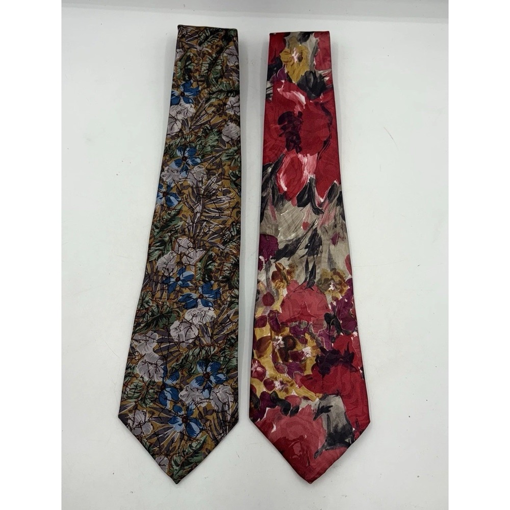 Oleg Cassini Mens Silk Tie Lot 2 Floral Red Burgundy Brown Blue Designer Vintage